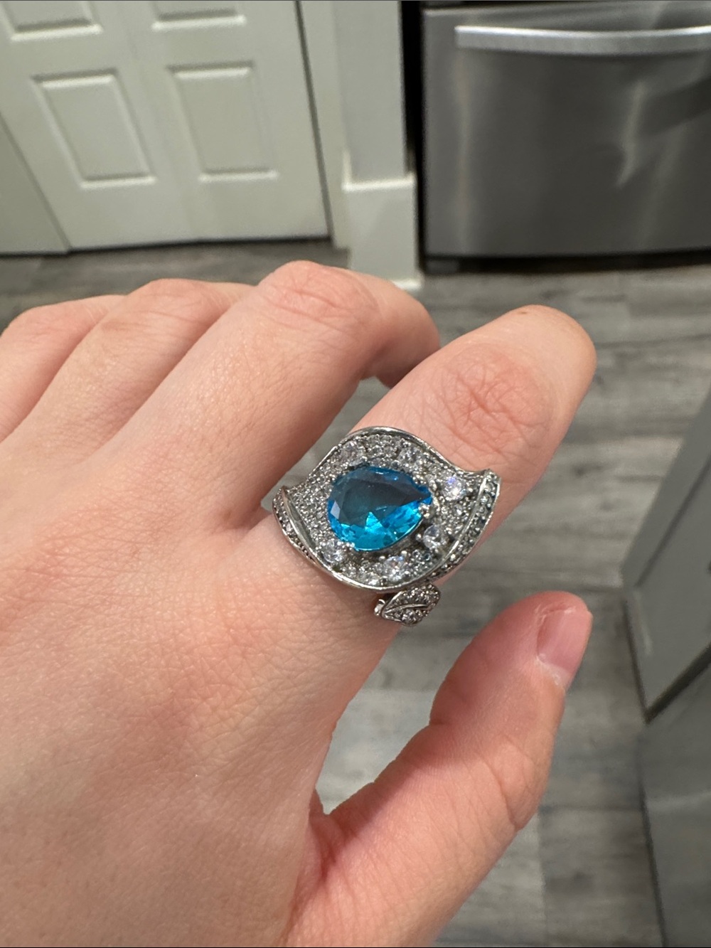 Blue Leaf Statement Ring Silver Tone Adjustable Sparkling CZ